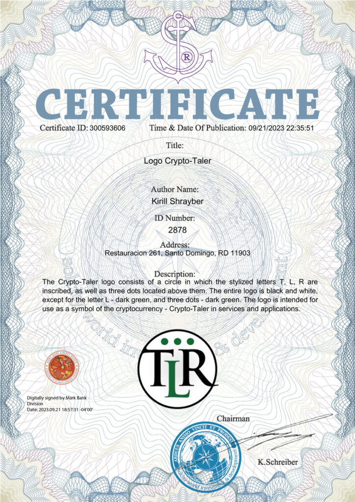 Certificate Crypto Taler trademark PDF